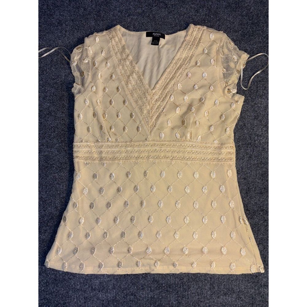 Alfani Blouse‎ Top Womens Petite Small Tan Lace Embroidered Nylon Lined V Neck